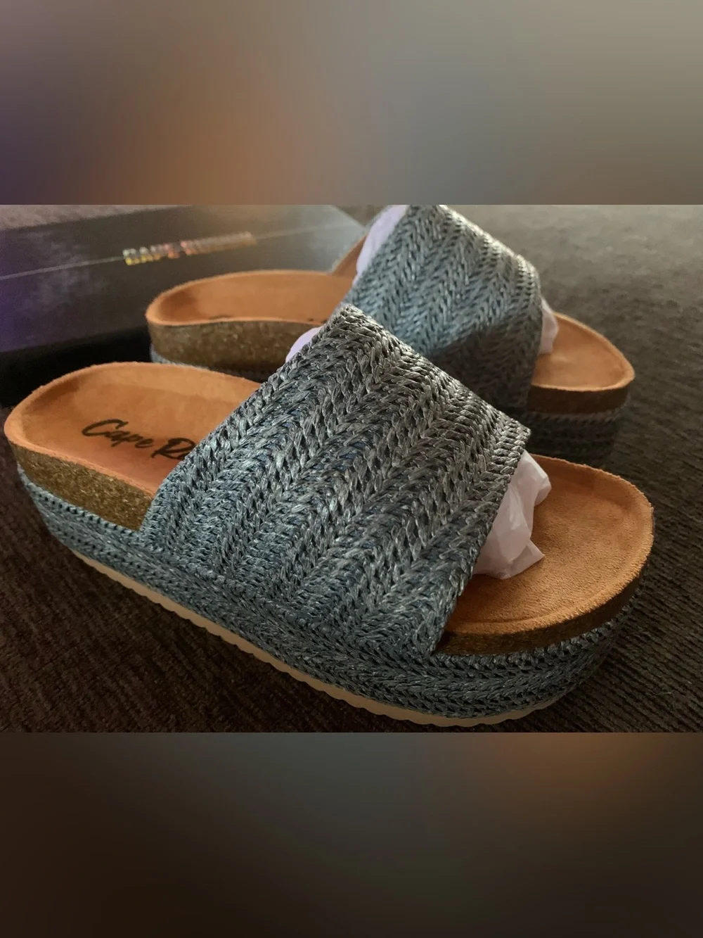 Cape Robbin woven platform slides featuring a textured silver upper